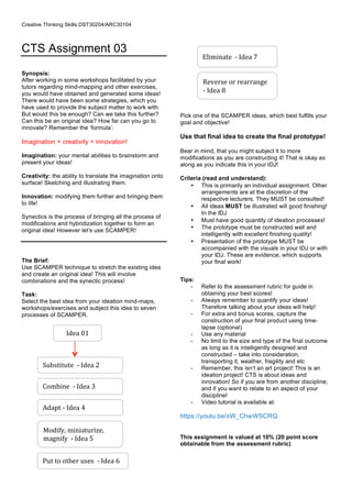 Creative Thinking Skills DST30204/ARC30104
CTS Assignment 03
Synopsis:
After working in some workshops facilitated by your
tutors regarding mind-mapping and other exercises,
you would have obtained and generated some ideas!
There would have been some strategies, which you
have used to provide the subject matter to work with.
But would this be enough? Can we take this further?
Can this be an original idea? How far can you go to
innovate? Remember the ‘formula’:
Imagination + creativity = innovation!
Imagination: your mental abilities to brainstorm and
present your ideas!
Creativity: the ability to translate the imagination onto
surface! Sketching and illustrating them.
Innovation: modifying them further and bringing them
to life!
Synectics is the process of bringing all the process of
modifications and hybridization together to form an
original idea! However let’s use SCAMPER!
The Brief:
Use SCAMPER technique to stretch the existing idea
and create an original idea! This will involve
combinations and the synectic process!
Task:
Select the best idea from your ideation mind-maps,
workshops/exercises and subject this idea to seven
processes of SCAMPER.
Substitute	
  	
  -­‐	
  Idea	
  2	
  
Idea	
  01	
  
Combine	
  	
  -­‐	
  Idea	
  3	
  
Adapt	
  -­‐	
  Idea	
  4	
  
Modify,	
  miniaturize,	
  
magnify	
  	
  -­‐	
  Idea	
  5	
  
Put	
  to	
  other	
  uses	
  	
  -­‐	
  Idea	
  6	
  
Eliminate	
  	
  -­‐	
  Idea	
  7	
  
Reverse	
  or	
  rearrange	
  	
  
-­‐	
  Idea	
  8	
  
Pick one of the SCAMPER ideas, which best fulfills your
goal and objective!
Use that final idea to create the final prototype!
Bear in mind, that you might subject it to more
modifications as you are constructing it! That is okay as
along as you indicate this in your IDJ!
Criteria (read and understand):
• This is primarily an individual assignment. Other
arrangements are at the discretion of the
respective lecturers. They MUST be consulted!
• All ideas MUST be illustrated will good finishing!
In the IDJ
• Must have good quantity of ideation processes!
• The prototype must be constructed well and
intelligently with excellent finishing quality!
• Presentation of the prototype MUST be
accompanied with the visuals in your IDJ or with
your IDJ. These are evidence, which supports
your final work!
	
  
Tips:
- Refer to the assessment rubric for guide in
obtaining your best scores!
- Always remember to quantify your ideas!
Therefore talking about your ideas will help!
- For extra and bonus scores, capture the
construction of your final product using time-
lapse (optional)
- Use any material
- No limit to the size and type of the final outcome
as long as it is intelligently designed and
constructed – take into consideration,
transporting it, weather, fragility and etc
- Remember, this isn’t an art project! This is an
ideation project! CTS is about ideas and
innovation! So if you are from another discipline,
and if you want to relate to an aspect of your
discipline!
- Video tutorial is available at:
https://youtu.be/sW_ChwWSCRQ
	
  This assignment is valued at 10% (20 point score
obtainable from the assessment rubric)	
  
 