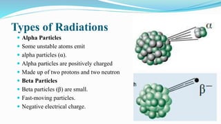 Types of Radiations
 Alpha Particles
 Some unstable atoms emit
 alpha particles (α).
 Alpha particles are positively charged
 Made up of two protons and two neutron
 Beta Particles
 Beta particles (β) are small.
 Fast-moving particles.
 Negative electrical charge.
 