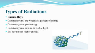 Types of Radiations
 Gamma Rays
 Gamma rays (γ) are weightless packets of energy
 Gamma rays are pure energy.
 Gamma rays are similar to visible light.
 But have much higher energy.
 