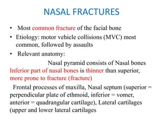 NASAL FRACTURES
• Most common fracture of the facial bone
• Etiology: motor vehicle collisions (MVC) most
common, followed by assaults
• Relevant anatomy:
Nasal pyramid consists of Nasal bones  
Inferior part of nasal bones is thinner than superior,
more prone to fracture (fracture)
  Frontal processes of maxilla, Nasal septum (superior =
perpendicular plate of ethmoid, inferior = vomer,
anterior = quadrangular cartilage), Lateral cartilages
(upper and lower lateral cartilages
 