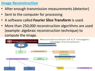 Image Reconstruction
• After enough transmission measurements (detector)
• Sent to the computer for processing
• A software called Fourier Slice Transform is used.
• More than 250,000 reconstruction algorithms are used
(example: algebraic reconstruction technique) to
compute the image.
 