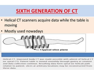 SIXTH GENERATION OF CT
• Helical CT scanners acquire data while the table is
moving
• Mostly used nowadays
 