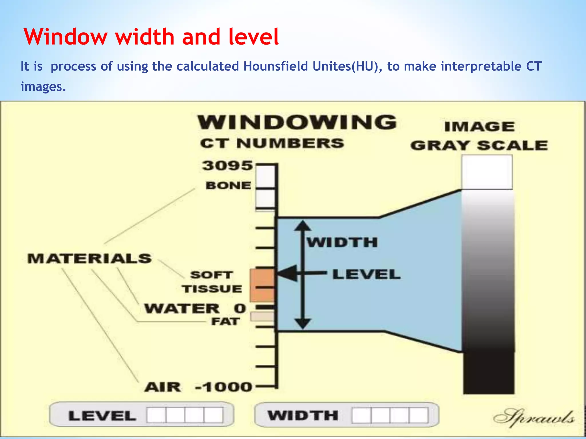 Window width and level
It is process of using the calculated Hounsfield Unites(HU), to make interpretable CT
images.
 