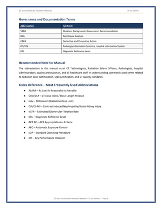 CT Scan Technician Excellence Manual Dr J L Meena
CT Scan Technician Excellence Manual – Dr J L Meena | Page 8
Governance and Documentation Terms
Abbreviation Full Form
SBAR Situation, Background, Assessment, Recommendation
RCA Root Cause Analysis
CAPA Corrective and Preventive Action
RIS/HIS Radiology Information System / Hospital Information System
DRL Diagnostic Reference Level
Recommended Note for Manual
The abbreviations in this manual assist CT Technologists, Radiation Safety Officers, Radiologists, hospital
administrators, quality professionals, and all healthcare staff in understanding commonly used terms related
to radiation dose optimization, scan justification, and CT quality standards.
Quick Reference – Most Frequently Used Abbreviations
● ALARA – As Low As Reasonably Achievable
● CTDI/DLP – CT Dose Index / Dose-Length Product
● mSv – Millisievert (Radiation Dose Unit)
● CIN/CI-AKI – Contrast-Induced Nephropathy/Acute Kidney Injury
● eGFR – Estimated Glomerular Filtration Rate
● DRL – Diagnostic Reference Level
● ACR AC – ACR Appropriateness Criteria
● AEC – Automatic Exposure Control
● SOP – Standard Operating Procedure
● KPI – Key Performance Indicator
 