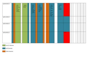 w/b 05.03.12                                                                               DL 01
                         HA4 –       Update     HA4 –      HA4 –       Final     Upload
                        Task 3      producti   Task 3     Task 4      checks    HA4
                        Foyer and   on log.    Foyer      Evaluatio   and       front
                        Front                  and        n. Upload   render    sheet to
                        Entrance               Front      productio   s.        Moodle.
                        models                 Entrance   n log to    Updat
                        rendered               models     blog.       e
                                               rendere                produc
                                               d                      tion
                                                                      log and
                                                                      blog.
w/b 12.03.12




w/b 19.03.12




w/b 26.03.12                                                                               DL 02




     Harry’s Sessions

     Self-Directed

     Other Sessions
 