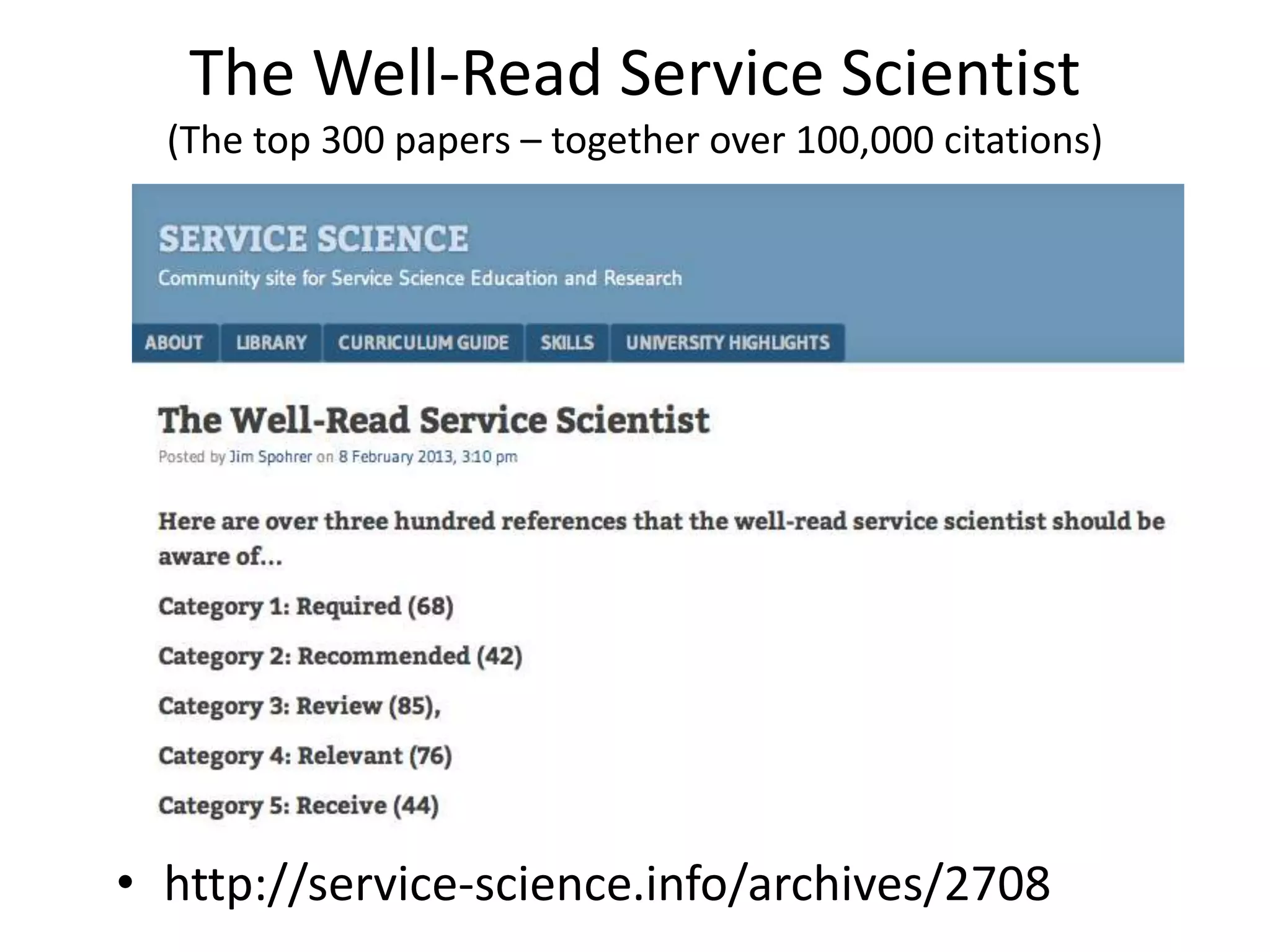 The Well-Read Service Scientist
(The top 300 papers – together over 100,000 citations)

• http://service-science.info/archives/2708

 