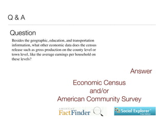 Q&A

Question
Besides the geographic, education, and transportation
information, what other economic data does the census
release such as gross production on the county level or
town level, like the average earnings per household on
these levels?


                                                          Answer
                                 Economic Census
                                       and/or
                             American Community Survey
 