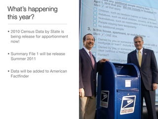 What’s happening
this year?

• 2010 Census Data by State is
  being release for apportionment
  now!


• Summary File 1 will be release
  Summer 2011


• Data will be added to American
  Factﬁnder
 