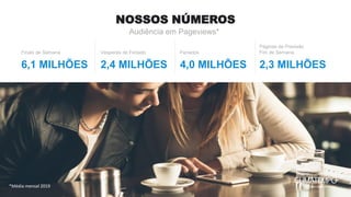 NOSSOS NÚMEROS
*Média mensal 2019
Audiência em Pageviews*
2,4 MILHÕES
Vésperas de Feriado
4,0 MILHÕES
Feriados
2,3 MILHÕES
Páginas de Previsão
Fim de SemanaFinais de Semana
6,1 MILHÕES
 