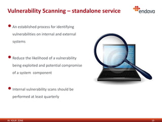 IN YOUR ZONE
Vulnerability Scanning – standalone service
•An established process for identifying
vulnerabilities on internal and external
systems
•Reduce the likelihood of a vulnerability
being exploited and potential compromise
of a system component
•Internal vulnerability scans should be
performed at least quarterly
19
 