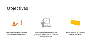 Objectives
Describe common causes &
effects of science denial
Identify opportunities to use
provided strategies in science
communication
Plan updates to science
communication
 