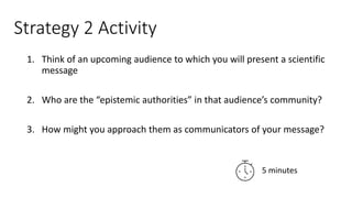 Strategy 2 Activity
1. Think of an upcoming audience to which you will present a scientific
message
2. Who are the “epistemic authorities” in that audience’s community?
3. How might you approach them as communicators of your message?
5 minutes
 