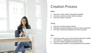 Creation Process
Before
 Instructor scripts content. [template provided]
 Instructor practices content without reading.
 Instructor readies materials.
During
 Instructor records practice video(s).
 Colleague provides feedback on practice video. [optional]
 Instructor implements feedback into final recording.
After
 Instructor creates course orientation/introduction module
in the LMS (i.e., Blackboard) to include video.
 Instructor creates assignment based on video.
 Instructor posts video for research/professional purposes.
 
