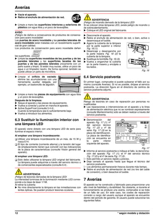 u Vacíe el aparato.
u Retire el enchufe de alimentación de red.
u Limpie a mano las superficies interiores y exteriores de
plástico con agua tibia y un poco de lavavajillas.
AVISO
¡Peligro de daños a consecuencia de productos de conserva-
ción para acero inoxidable!
Las puertas de acero inoxidable y las paredes laterales de
acero inoxidable están tratadas con un revestimiento superfi-
cial de gran calidad.
Los productos de conservación para acero inoxidable dañan
las superficies.
u Limpie las superficies revestidas de las puertas y de las
paredes laterales y las superficies lacadas de las
puertas y de las paredes laterales únicamente con un
paño suave y limpio. Si están muy sucias, utilice un poco de
agua o un limpiador neutro. De forma opcional, también se
puede utilizar un paño de microfibra.
u Limpiar el orificio de vaciado:
elimine las acumulaciones con una
herramienta auxiliar delgada, por
ejemplo, un bastoncillo de algodón.
u Limpie a mano las piezas de equipamiento con agua tibia
y un poco de lavavajillas.
Después de la limpieza:
u Seque el aparato y las piezas de equipamiento.
u Vuelva a conectar y poner en marcha el aparato.
u Active SuperFrost (consulte 5.4.4) .
Cuando la temperatura sea lo suficientemente baja:
u Vuelva a introducir los alimentos.
6.3 Sustituir la iluminación interior con
una lámpara LED
El aparato viene dotado con una lámpara LED de serie para
iluminar el espacio interior.
Al emplear una lámpara incandescente:
q Utilizar una lámpara incandescente de un máx. de 15 W y
rosca E14.
q El tipo de corriente (corriente alterna) y la tensión del lugar
de emplazamiento tienen que coincidir con las indicaciones
de la placa de características (consulte Visión general del
aparato).
Al emplear una lámpara LED:
q Solo debe utilizarse la lámpara LED original del fabricante.
La lámpara puede adquirirse a través del servicio técnico o
de comerciantes especializados (consulte 6.4) .
ADVERTENCIA
¡Peligro de lesiones derivadas de la lámpara LED!
La intensidad luminosa de la iluminación mediante LED corres-
ponde a la clase de láser 1/1M.
Al retirar la cubierta:
u No mire directamente la lámpara en las inmediaciones con
lentes ópticas. Se pueden producir lesiones oculares.
ADVERTENCIA
¡Peligro de incendio derivado de la lámpara LED!
Si se colocan otras lámparas LED, existe peligro de incendio o
de sobrecalentamiento.
u Coloque el LED original del fabricante.
u Desconecte el aparato.
u Retire el enchufe de alimentación de red, o bien, active o
desenrosque el fusible.
u Agarre la cubierta de la lámpara
por la parte superior e inferior
Fig. 16 (1).
u Desencaje y desenganche por
la parte trasera Fig. 16 (2) la
cubierta de la lámpara.
u Sustituya la bombilla Fig. 16 (3).
u Vuelva a enganchar la cubierta
en la parte trasera y encájela a
los lados .
Fig. 16
6.4 Servicio postventa
En primer lugar, compruebe si puede subsanar el fallo por su
mismo (consulte Averías). Si no es posible, diríjase al servicio
postventa. La dirección figura en el directorio de centros de
servicio postventa adjunto.
ADVERTENCIA
Riesgo de lesiones en caso de reparación por personas no
cualificadas
u Las reparaciones e intervenciones en el aparato y la línea
de alimentación eléctrica que no se nombran expresamente
(consulte Mantenimiento) sólo se deben realizar a través del
servicio postventa.
u Denominación del
aparato Fig. 17 (1), nº
del servicio técnico
Fig. 17 (2) y nº de
serie Fig. 17 (3) en la
placa de identificación.
La placa de identifica-
ción se encuentra en
la parte interior
izquierda del aparato.
Fig. 17
u Informe al servicio postventa e indique el fallo, la denomina-
ción del aparato Fig. 17 (1), el nº del servicio técnico
Fig. 17 (2) y el nº de serie Fig. 17 (3) .
w Esto permite un servicio rápido y preciso.
u Deje cerrado el aparato hasta que llegue el técnico del
servicio postventa.
w Los alimentos permanecerán frescos durante más tiempo.
u Retire el enchufe de alimentación de red (no tire del cable
de conexión), o bien desactive el fusible.
7 Averías
El aparato se ha construido y fabricado para proporcionar una
alto nivel de fiabilidad y durabilidad. No obstante, si durante el
funcionamiento se produce una avería, compruebe si se trata
de un fallo de uso. En este caso, los costes de reparación
correrán a cargo del usuario aunque el aparato se encuentre
dentro del periodo de garantía. El usuario puede solucionar los
siguientes fallos:
Averías
12 * según modelo y dotación
 
