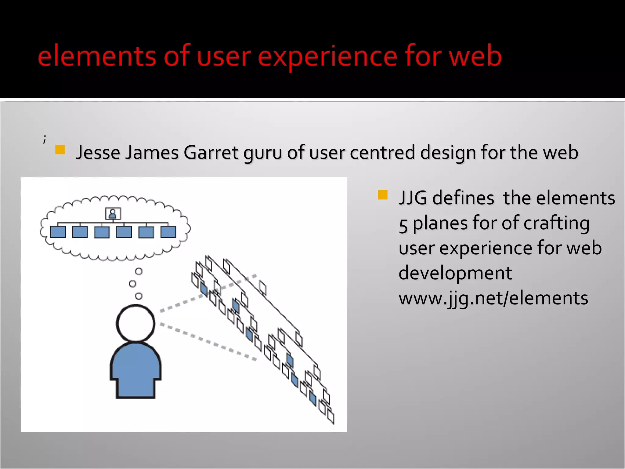 ;



Jesse James Garret guru of user centred design for the web


JJG defines the elements
5 planes for of crafting
user experience for web
development
www.jjg.net/elements

 