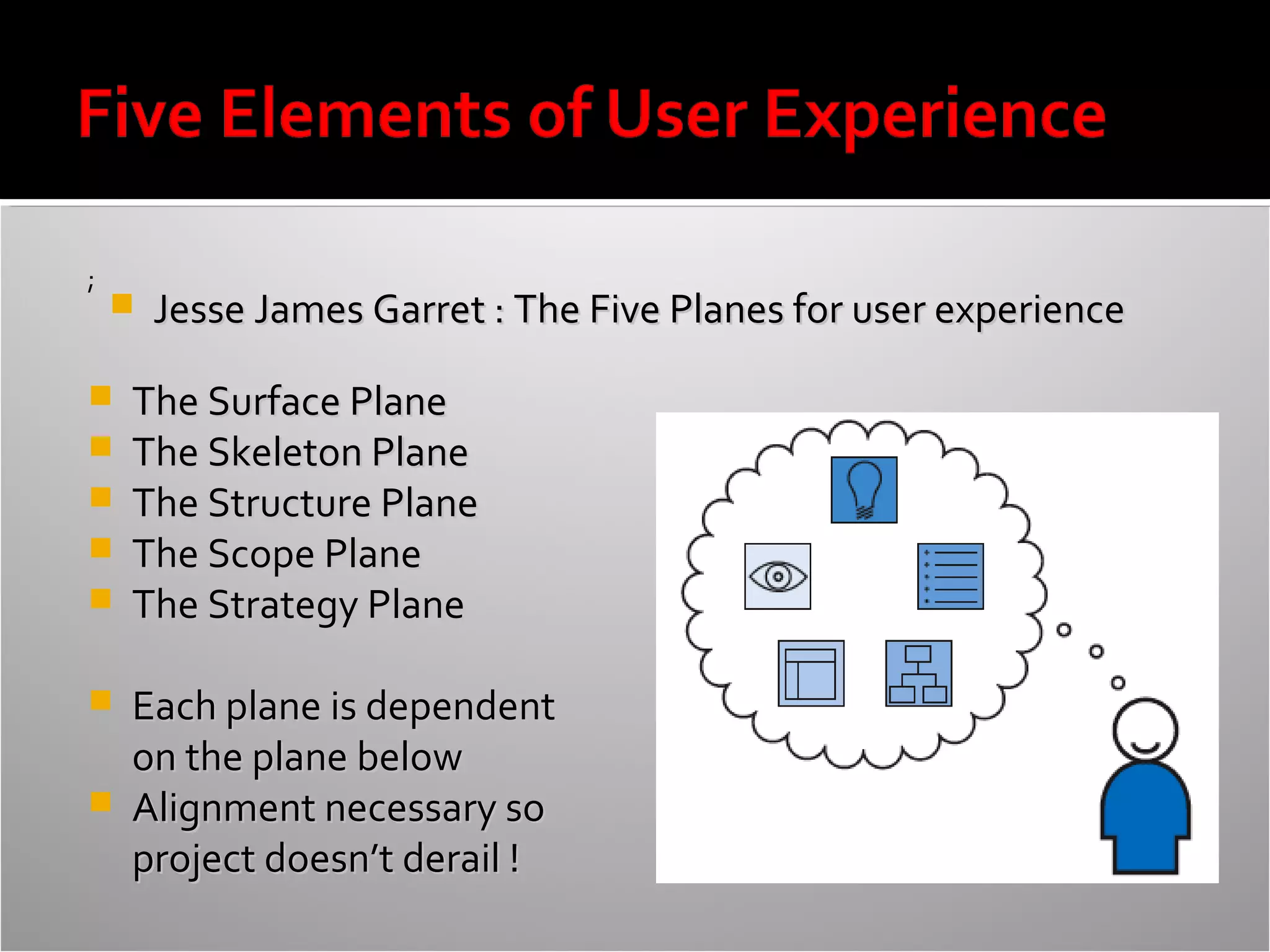 ;



Jesse James Garret : The Five Planes for user experience







The Surface Plane
The Skeleton Plane
The Structure Plane
The Scope Plane
The Strategy Plane



Each plane is dependent
on the plane below
Alignment necessary so
project doesn’t derail !



 