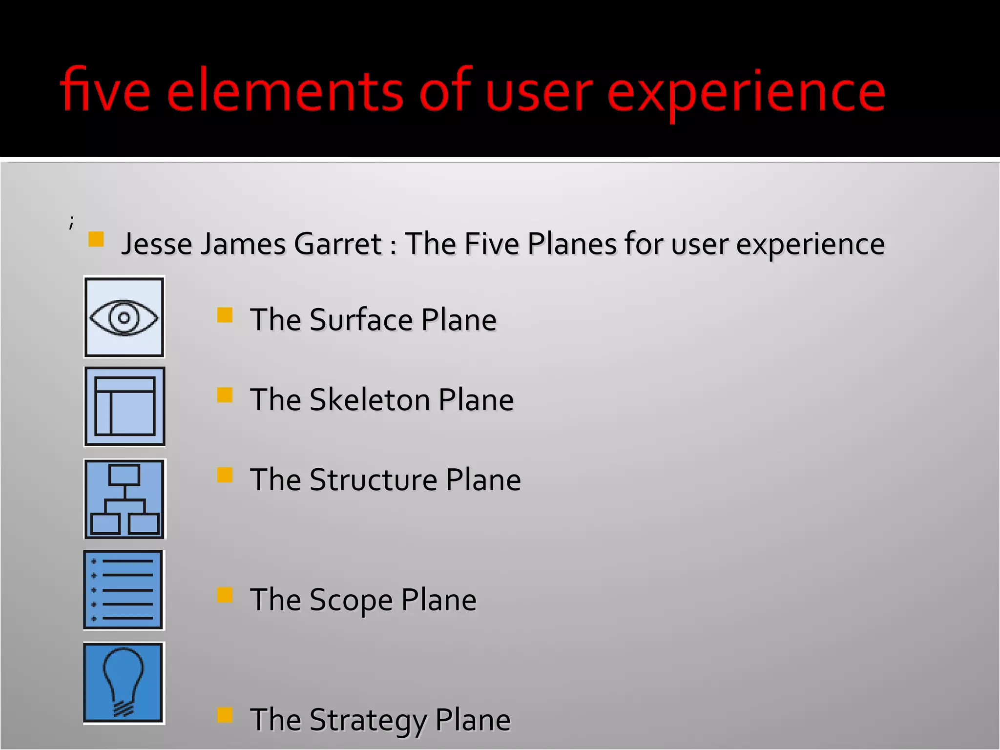 ;



Jesse James Garret : The Five Planes for user experience


The Surface Plane



The Skeleton Plane



The Structure Plane



The Scope Plane



The Strategy Plane

 