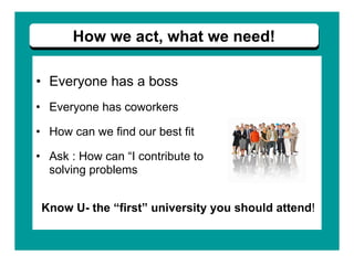 Everyone has a boss Everyone has coworkers How can we find our best fit Ask : How can “I contribute to  solving problems  Know U- the “first” university you should attend ! How we act, what we need! 