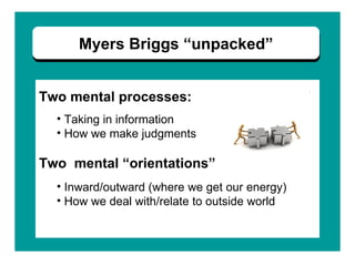Myers Briggs “unpacked” Two mental processes: Taking in information  How we make judgments  Two  mental “orientations” Inward/outward (where we get our energy) How we deal with/relate to outside world 