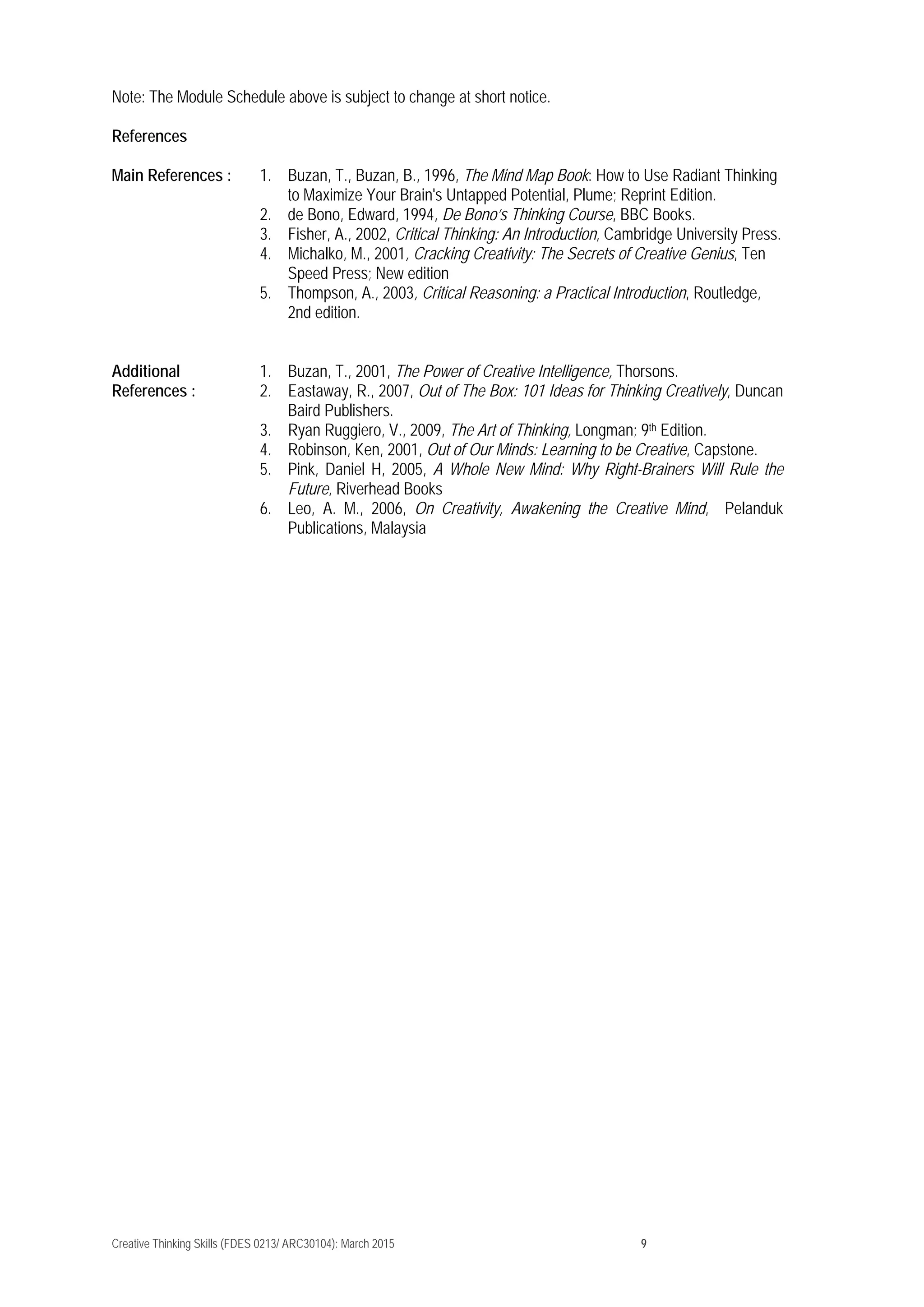 Creative Thinking Skills (FDES 0213/ ARC30104): March 2015 9
Note: The Module Schedule above is subject to change at short notice.
References
Main References : 1. Buzan, T., Buzan, B., 1996, The Mind Map Book: How to Use Radiant Thinking
to Maximize Your Brain's Untapped Potential, Plume; Reprint Edition.
2. de Bono, Edward, 1994, De Bono’s Thinking Course, BBC Books.
3. Fisher, A., 2002, Critical Thinking: An Introduction, Cambridge University Press.
4. Michalko, M., 2001, Cracking Creativity: The Secrets of Creative Genius, Ten
Speed Press; New edition
5. Thompson, A., 2003, Critical Reasoning: a Practical Introduction, Routledge,
2nd edition.
Additional
References :
1. Buzan, T., 2001, The Power of Creative Intelligence, Thorsons.
2. Eastaway, R., 2007, Out of The Box: 101 Ideas for Thinking Creatively, Duncan
Baird Publishers.
3. Ryan Ruggiero, V., 2009, The Art of Thinking, Longman; 9th Edition.
4. Robinson, Ken, 2001, Out of Our Minds: Learning to be Creative, Capstone.
5. Pink, Daniel H, 2005, A Whole New Mind: Why Right-Brainers Will Rule the
Future, Riverhead Books
6. Leo, A. M., 2006, On Creativity, Awakening the Creative Mind, Pelanduk
Publications, Malaysia
 