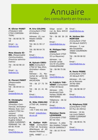 Annuaire
                                       des consultants en travaux

M. Olivier PARET      M. Eric COLOMA         Siège social : 28     Email :
(Président SAS        (Consultant CTSO       rue du Bois 64510     ctso83@ctso.eu
CTSO CORPORA-         69 Rhône)              BORDES
TION)
                      Adresse: 15, rue       Tél : 06 80 30 20     M. Jérôme DU-
Tél : 06 68 56 70     Petetin 69500          61                    MORTIER
10                    BRON                                         (Consultant CTSO
                                             Email :
                                                                   34 Hérault OUEST)
Email : in-           Tél: 06 21 95 17       ctso64b@ctso.eu
fo@ctso.eu            95                                           Adresse : 7, rue
                                                                   des Escalettes
                      Tél: 06 98 64 70       M. Philippe FAU-
                                                                   34660 COURRNON-
                      93                     CHEUX
Mme Alessia SI-                                                    TERRAL
                                             (Consultant CTSO
REL (Responsable      Email :
                                             53 La Mayenne)        Tél : 06 99 08 02
Communication,        ctso69@ctso.eu
                                                                   32
Directrice adminis-                          Adresse : La
trative)                                     Grande Lande          Email :
                      M. Sylvain CRES-
                                             53170 VILLIERS        ctso34a@ctso.eu
Tél : 06 60 98 10     SON (Consultant
                                             CHARLEMAGNE
77                    CTSO 67 Bas-Rhin,
                      Animateur réseau       Tél : 06 98 75 06
Email : in-
                      Est)                   59                    M. Denis PEBRE
fo@ctso.eu
                      Adresse : 31, Ma-                            (Consultant CTSO
                                             Email :
                      rechal de Lattre De                          34 Hérault EST)
                                             ctso53@ctso.eu
                      Tassigny     33120
                                                                   Adresse : 43, rue
M. Florent PARET      ARCACHON
                                                                   de la Monnaie
(Responsable                                 M. Frédéric THE-
                      Tél : 06 27 73 79                            34740 VEN-
Presse)                                      VENET (Consultant
                      14                                           DARGUES
Tél : 06 69 64 11                            CTSO 59 Nord)
64                    Tél : 06 21 41 46                            Tél : 06 98 98 37
                                             Adresse : 159,
Email :               90                                           53
                                             boulevard Faid-
presse@ctso.eu
                      Email :                herbes 59280 AR-      Email :
                      ctso33@ctso.eu         MENTIERES             ctso34b@ctso.eu
M. Christophe                                Téléphone : 06 32
VERDIER               M. Mike ENGLISH        57 80 20
(Directeur Com-       (CTSO UK, Ireland)                           M. Stéphane FIZE
                                             Email :
mercial, Animateur                                                 (Consultant CTSO
                      Phone:                 ctso59a@ctso.eu
Réseau Sud, Con-                                                   63 Puy-de-Dôme)
                      +44 7 545 432 200
sultant CTSO Au-
                                                                   Adresse : 16 bis
vergne)               Email: mike@ctso-      Monsieur Denis
                                                                   rue Louis Dabert
Adresse : CTSO        uk.co.uk               LEININGER
                                                                   63000 CLERMONT
Auvergne, 26 Rue                             (Consultant CTSO
                                                                   FERRAND
Eugène Gilbert                               83 Var Est)
63000 CLERMONT-       M. Gaëtan HUS-                               Tél : 06 98 81 76
                                             Adresse : 4, allée
FERRAND Tél : 06      TAIX (Consultant                             70
                                             des Azalées-Tulipes
69 66 79 84           CTSO 64 Pyrénées       83136 GAREOULT        Email :
Email :               Atlantiques et 65                            ctso63@ctso.eu
                      Hautes Pirénées)       Tél : 06 10 79 44
ctso34@ctso.eu                               00
                      SARL HABET   492 297
                      015
 