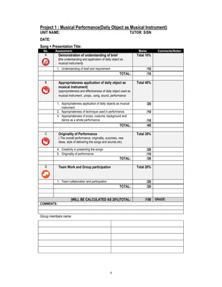 4
Project 1 : Musical Performance(Daily Object as Musical Instrument)
UNIT NAME: TUTOR: S/SN
DATE:
Song + Presentation Title:
No. Assessment: Marks Comments/Notes:
A Demonstration of understanding of brief
(the understanding and application of daily object as
musical instrument)
Total 10%
1. Understanding of brief and requirement /10
TOTAL: /10
B Appropriateness application of daily object as
musical instrument)
(appropriateness and effectiveness of daily object used as
musical instrument , props, song, sound, performance
Total 40%
1. Appropriateness application of daily objects as musical
instrument
/20
2. Appropriateness of technique used in performance /10
3. Appropriateness of props, costume, background and
dance as a whole performance /10
TOTAL: /40
C Originality of Performance
( The overall performance, originality, surprises, new
ideas, style of delivering the songs and sounds etc)
Total 30%
4. Creativity in presenting the songs /20
5. Originality of performance /10
TOTAL: /30
D Team Work and Group participation Total 20%
1. Team collaboration and participation /20
TOTAL: /20
(WILL BE CALCULATED AS 20%)TOTAL: /100 GRADE:
COMMENTS:
Group members name:
 