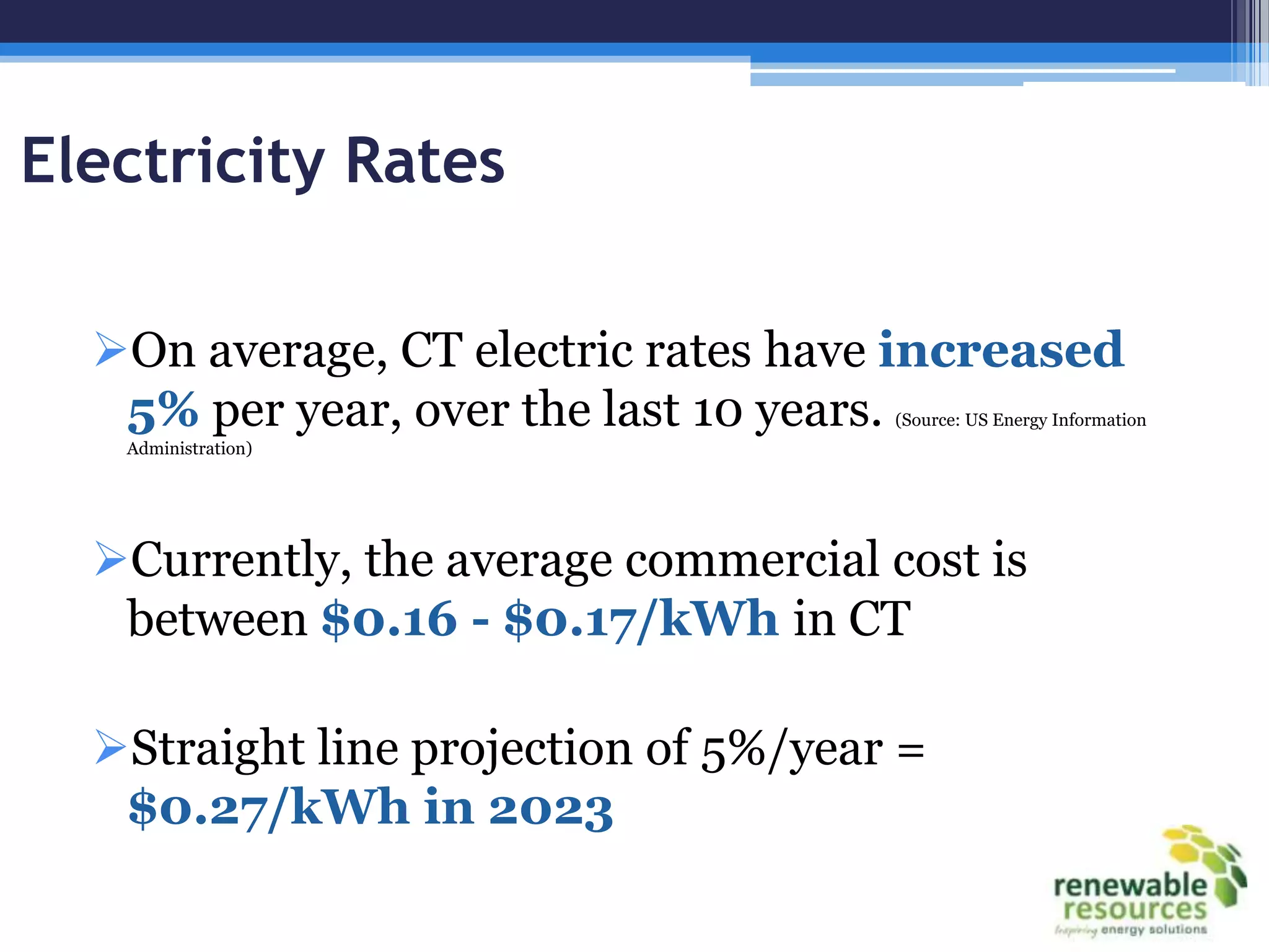 Electricity Rates

  On average, CT electric rates have increased
   5% per year, over the last 10 years.
                                      (Source: US Energy Information
   Administration)




  Currently, the average commercial cost is
   between $0.16 - $0.17/kWh in CT

  Straight line projection of 5%/year =
   $0.27/kWh in 2023
 