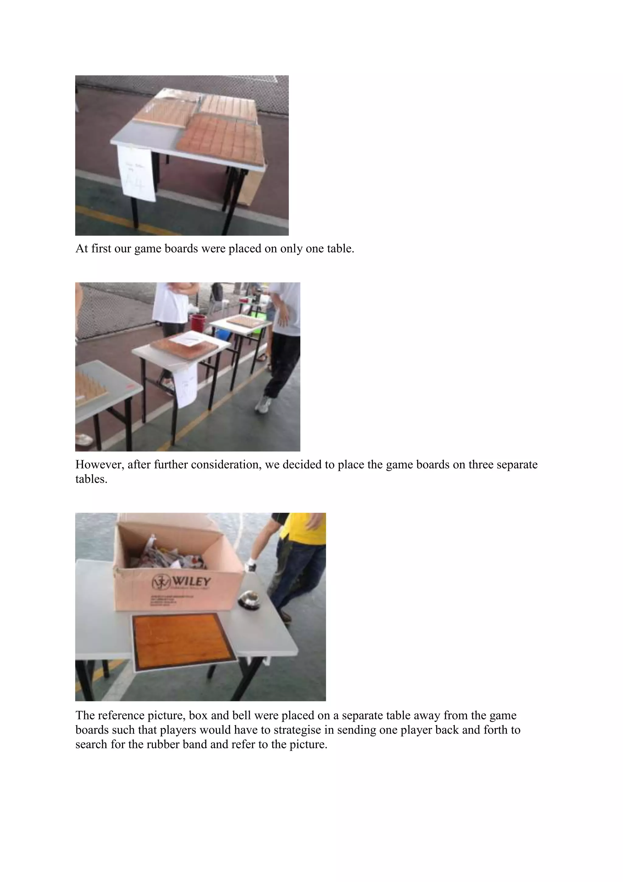 At first our game boards were placed on only one table.
However, after further consideration, we decided to place the game boards on three separate
tables.
The reference picture, box and bell were placed on a separate table away from the game
boards such that players would have to strategise in sending one player back and forth to
search for the rubber band and refer to the picture.
 