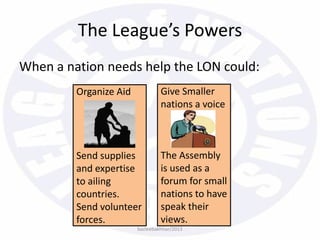 When a nation needs help the LON could:
The League’s Powers
Organize Aid
Send supplies
and expertise
to ailing
countries.
Send volunteer
forces.
Give Smaller
nations a voice
The Assembly
is used as a
forum for small
nations to have
speak their
views.
bazleebakhtiar/2013
 