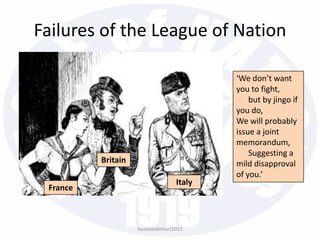bazleebakhtiar/2013
Failures of the League of Nation
France
Britain
Italy
‘We don’t want
you to fight,
but by jingo if
you do,
We will probably
issue a joint
memorandum,
Suggesting a
mild disapproval
of you.’
 
