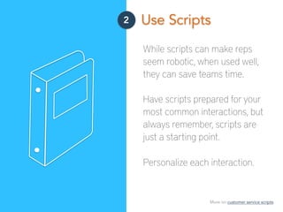 More on customer service scripts.
2 Use Scripts
While scripts can make reps
seem robotic, when used well,
they can save teams time.
Have scripts prepared for your
most common interactions, but
always remember, scripts are
just a starting point.
Personalize each interaction.
 