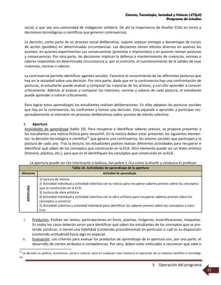 Ciencia, Tecnología, Sociedad y Valores (CTSyV)
Programa de estudios
3. Operación del programa
32
social, y que sea una comunidad de indagación solidaria. De ahí la importancia de diseñar ECAs en torno a
decisiones tecnológicas o científicas que generen controversias.
La decisión, como parte de un proceso social deliberativo, supone sopesar ventajas y desventajas de cursos
de acción (posibles) en determinadas circunstancias. Las decisiones tienen efectos diversos en quienes las
asumen, en quienes experimentan sus consecuencias (previstas e imprevistas) y en quienes revisan posturas
y consecuencias. Por otra parte, las decisiones implican la defensa o mantenimiento de creencias, normas o
valores imperantes en determinada circunstancia o, por el contrario, el cuestionamiento de la validez de esas
creencias, normas o valores.
La controversia permite identificar agentes sociales. Favorece el conocimiento de las diferentes posturas que
hay en la sociedad sobre una decisión. Por otra parte, dado que en la controversia hay una confrontación de
posturas, el estudiante puede evaluar y comparar las creencias de los actores, y con ello aprender a conocer
críticamente. Además al evaluar y comparar los intereses, normas y valores de cada postura, el estudiante
puede aprender a valorar críticamente.
Para lograr estos aprendizajes los estudiantes realizan deliberaciones. En ellas adoptan las posturas sociales
que hay en la controversia, las confrontan y toman una decisión. Esto equivale a aprender a participar res-
ponsablemente al intervenir en procesos deliberativos sobre asuntos de interés colectivo.
I. Apertura
Actividades de aprendizaje (tabla 10). Para recuperar e identificar saberes previos, se propone presentar a
los estudiantes una noticia ficticia pero verosímil. En la noticia deben estar presentes los siguientes elemen-
tos: la decisión tecnológica o científica32
que genera una controversia, los actores sociales que participan y la
postura de cada uno. Tras la lectura, los estudiantes podrán realizar diferentes actividades para recuperar e
identificar qué saben de los conceptos que construirán en la ECA. Otro elemento puede ser un texto artístico
(literario, plástico, etc.), para que en él identifiquen los conceptos que construirán en la ECA.
La apertura puede ser tan interesante o tediosa, tan pobre o rica como la diseñe y conduzca el profesor.
Tabla 10. Actividades de aprendizaje de la apertura
Momento Actividad de aprendizaje
APERTURA
1) Lectura de noticia
2) Actividad individual y actividad colectiva con la noticia para recuperar saberes previos sobre los conceptos
que se construirán en la ECA.
3) Lectura de obra artística
4) Actividad individual y actividad colectiva con la obra artística para recuperar saberes previos sobre los
conceptos a construir
5) Actividad colectiva y actividad individual para identificar los saberes previos sobre los conceptos a cons-
truir
i. Productos. Podrán ser textos, participaciones en foros, poemas, imágenes, escenificaciones, maquetas.
En todos los casos deberán servir para identificar qué saben los estudiantes de los conceptos que se pre-
tende construir, si tienen una habilidad (contenido procedimental) en particular o cuál es su disposición
(contenido actitudinal) hacia algo en especial.
ii. Evaluación. Los criterios para evaluar los productos de aprendizaje de la apertura son, por una parte, el
desarrollo de ciertos atributos o competencias. Por otra, deben estar enfocados a reconocer qué sabe o
32
La decisión es política, económica, social o cultural, pero en cualquier caso involucra la operación de un sistema científico o tecnológi-
co.
 