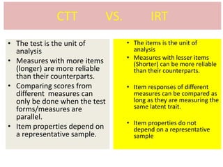CTT VS. IRT
• The test is the unit of
analysis
• Measures with more items
(longer) are more reliable
than their counterparts.
• Comparing scores from
different measures can
only be done when the test
forms/measures are
parallel.
• Item properties depend on
a representative sample.
• The items is the unit of
analysis
• Measures with lesser items
(Shorter) can be more reliable
than their counterparts.
• Item responses of different
measures can be compared as
long as they are measuring the
same latent trait.
• Item properties do not
depend on a representative
sample
 