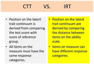CTT VS. IRT
• Position on the latent
trait continuum is
derived from comparing
the test score with
score of reference
group.
• All items on the
measure must have the
same response
categories.
• Position on the latent
trait continuum are
derived by comparing
the distance between
items on the ability
scale.
• Items on measure can
have different response
categories.
 