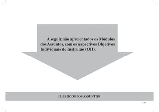 7.00 
A seguir, são apresentados os Módulos 
dos Assuntos, com os respectivos Objetivos 
Individuais de Instrução (OII). 
II. BLOCOS DOS ASSUNTOS 
 