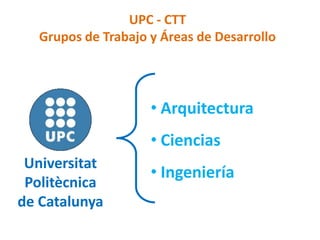 UPC - CTT
   Grupos de Trabajo y Áreas de Desarrollo




                     • Arquitectura
                     • Ciencias
 Universitat
                     • Ingeniería
 Politècnica
de Catalunya
 