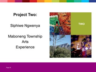 Page 26
Siphiwe Ngwenya
Maboneng Township
Arts
Experience
TWO
Project Two:
 