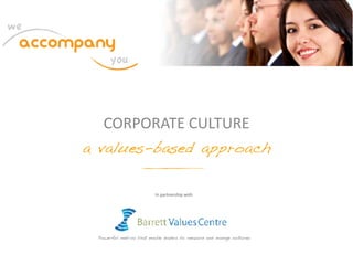 CORPORATE	CULTURE
a values-based approach
Powerful metrics that enable leaders to measure and manage cultures
In	partnership	with
 