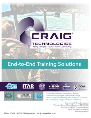 CERTIFIED
9001:2008
CERTIFIED
End-to-End Training Solutions
Craig Technologies consistently delivers
award-winning digital and video training,
instructional, engineering, and technical solutions
to commercial and government customers.
321.613.5620 | BUSDEV@Craigtechinc.com | craigtechinc.com
Compliant with
NISPOM
GU I DEL I N E S
C E R T I F I E D M A N AG E R S
Approved Financial
Accounting System
DCAA
®
Economically-Disadvantaged
Woman-Owned Small Business (EDWOSB)
Service-Disabled Veteran-Owned
Small Business (SDVOSB)
Minority-Owned
 
