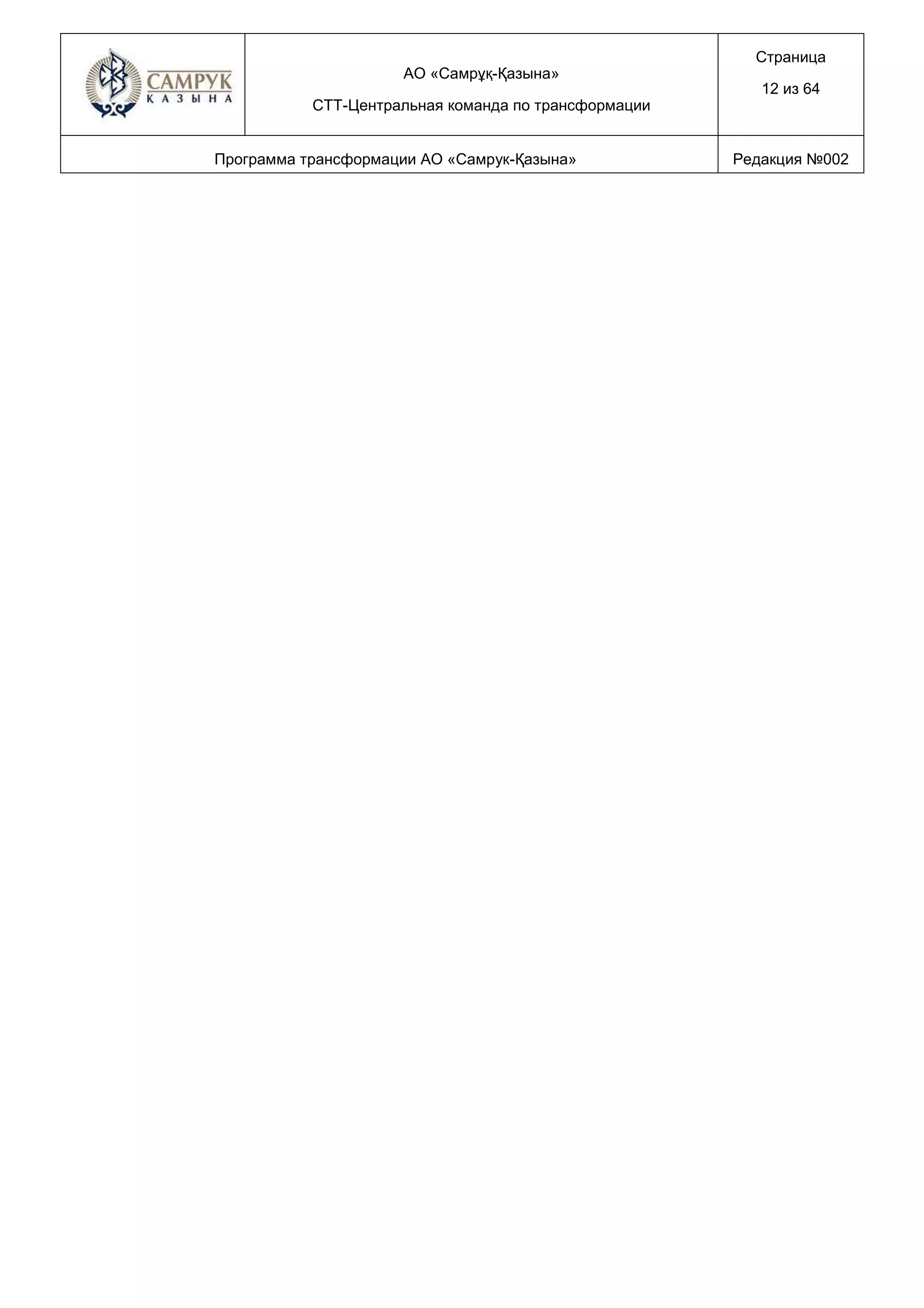 АО «Самрұқ-Қазына»
СТТ-Центральная команда по трансформации
Страница
12 из 64
Программа трансформации АО «Самрук-Қазына» Редакция №002
 