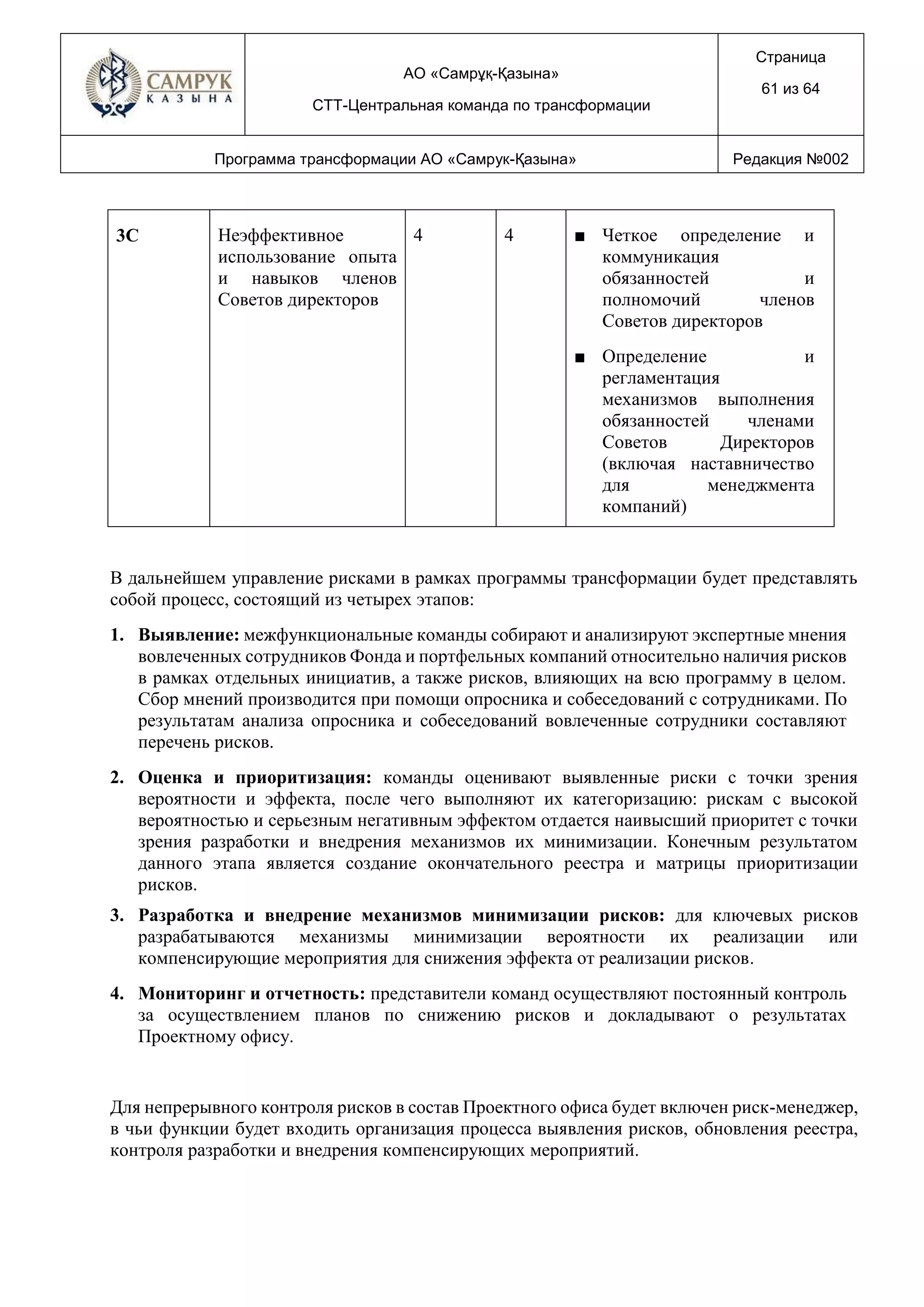 АО «Самрұқ-Қазына»
СТТ-Центральная команда по трансформации
Страница
61 из 64
Программа трансформации АО «Самрук-Қазына» Редакция №002
3C Неэффективное
использование опыта
и навыков членов
Советов директоров
4 4 ■ Четкое определение и
коммуникация
обязанностей и
полномочий членов
Советов директоров
■ Определение и
регламентация
механизмов выполнения
обязанностей членами
Советов Директоров
(включая наставничество
для менеджмента
компаний)
В дальнейшем управление рисками в рамках программы трансформации будет представлять
собой процесс, состоящий из четырех этапов:
1. Выявление: межфункциональные команды собирают и анализируют экспертные мнения
вовлеченных сотрудников Фонда и портфельных компаний относительно наличия рисков
в рамках отдельных инициатив, а также рисков, влияющих на всю программу в целом.
Сбор мнений производится при помощи опросника и собеседований с сотрудниками. По
результатам анализа опросника и собеседований вовлеченные сотрудники составляют
перечень рисков.
2. Оценка и приоритизация: команды оценивают выявленные риски с точки зрения
вероятности и эффекта, после чего выполняют их категоризацию: рискам с высокой
вероятностью и серьезным негативным эффектом отдается наивысший приоритет с точки
зрения разработки и внедрения механизмов их минимизации. Конечным результатом
данного этапа является создание окончательного реестра и матрицы приоритизации
рисков.
3. Разработка и внедрение механизмов минимизации рисков: для ключевых рисков
разрабатываются механизмы минимизации вероятности их реализации или
компенсирующие мероприятия для снижения эффекта от реализации рисков.
4. Мониторинг и отчетность: представители команд осуществляют постоянный контроль
за осуществлением планов по снижению рисков и докладывают о результатах
Проектному офису.
Для непрерывного контроля рисков в состав Проектного офиса будет включен риск-менеджер,
в чьи функции будет входить организация процесса выявления рисков, обновления реестра,
контроля разработки и внедрения компенсирующих мероприятий.
 
