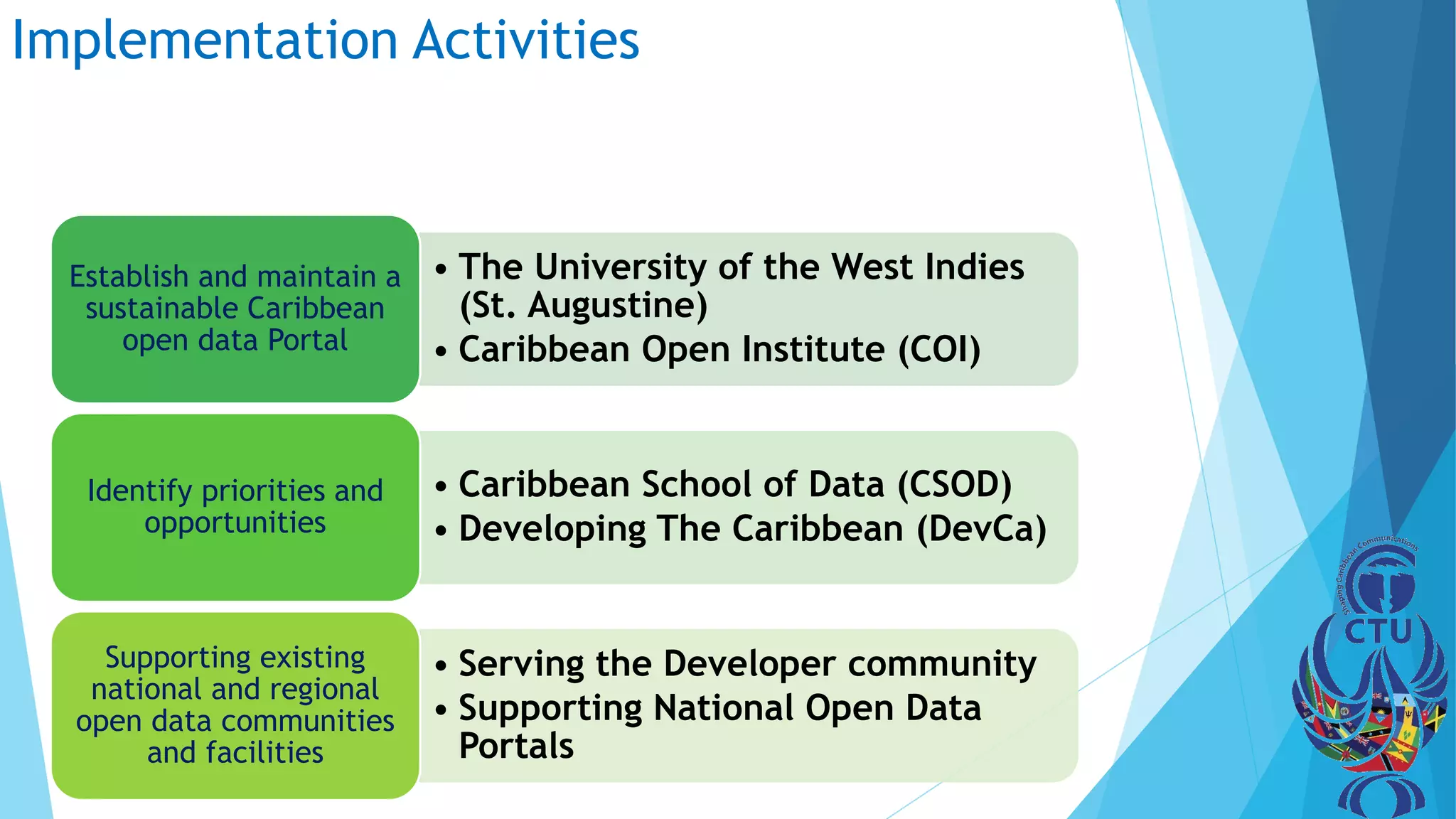 Implementation Activities
• The University of the West Indies
(St. Augustine)
• Caribbean Open Institute (COI)
Establish and maintain a
sustainable Caribbean
open data Portal
• Caribbean School of Data (CSOD)
• Developing The Caribbean (DevCa)
Identify priorities and
opportunities
• Serving the Developer community
• Supporting National Open Data
Portals
Supporting existing
national and regional
open data communities
and facilities
 