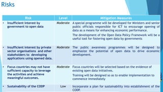 Risks
Risk Level Mitigation Measures
• Insufficient interest by
government to open data
Moderate A special programme will be developed for Ministers and senior
public officials responsible for ICT to encourage opening of
data as a means for enhancing economic performance.
The development of the Open Data Policy Framework will be a
useful tool for fostering open data by governments
• Insufficient interest by private
sector organisations and other
stakeholders to developing
applications using opened data.
Moderate The public awareness programmes will be designed to
emphasize the potential of open data to drive economic
development.
• Focus countries may not have
sufficient capacity to leverage
the activities and achieve
meaningful outcomes.
Moderate Focus countries will be selected based on the evidence of
existing open data initiatives.
Training will be designed so as to enable implementation to
commence immediately
• Sustainability of the CODP Low Incorporate a plan for sustainability into establishment of the
CODP.
 