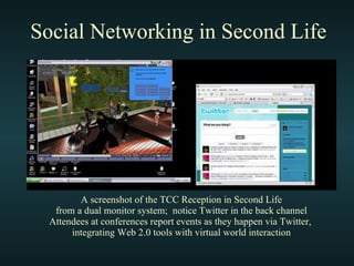 Social Networking in Second Life A screenshot of the TCC Reception in Second Life from a dual monitor system;  notice Twitter in the back channel Attendees at conferences report events as they happen via Twitter,  integrating Web 2.0 tools with virtual world interaction 