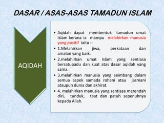 DASAR / ASAS-ASAS TAMADUN ISLAM
AQIDAH
• Aqidah dapat membentuk tamadun umat
Islam kerana ia mampu melahirkan manusia
yang positif iaitu :-
• 1.Melahirkan jiwa, perkataan dan
amalan yang baik.
• 2.melahirkan umat Islam yang sentiasa
bersatupadu dan kuat atas dasar aqidah yang
sama.
• 3.melahirkan manusia yang seimbang dalam
semua aspek samada rohani atau jasmani
ataupun dunia dan akhirat.
• 4. melahirkan manusia yang sentiasa merendah
diri, tunduk, taat dan patuh sepenuhnya
kepada Allah.
 