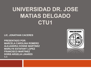 UNIVERSIDAD DR. JOSE MATIAS DELGADOCTU1 LIC. JONATHAN CACERES PRESENTADO POR: MARCELA CAROLINA ROMERO ALEJANDRA IVONNE MARTINEZ MARILYN ESTAFANY LOPEZ FRANCISCO MARTINEZ DORIS ARGELIA LINARES 1-1 