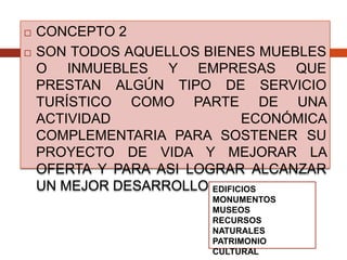 CONCEPTO 2 SON TODOS AQUELLOS BIENES MUEBLES O INMUEBLES Y EMPRESAS QUE PRESTAN ALGÚN TIPO DE SERVICIO TURÍSTICO COMO PARTE DE UNA ACTIVIDAD ECONÓMICA COMPLEMENTARIA PARA SOSTENER SU PROYECTO DE VIDA Y MEJORAR LA OFERTA Y PARA ASI LOGRAR ALCANZAR UN MEJOR DESARROLLO EDIFICIOS MONUMENTOSMUSEOSRECURSOS NATURALESPATRIMONIO CULTURAL