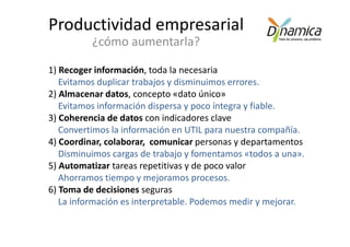 Productividad empresarial
          ¿cómo aumentarla?

1) Recoger información, toda la necesaria
   Evitamos duplicar trabajos y disminuimos errores.
2) Almacenar datos, concepto «dato único»
   Evitamos información dispersa y poco íntegra y fiable.
3) Coherencia de datos con indicadores clave
   Convertimos la información en UTIL para nuestra compañía.
4) Coordinar, colaborar, comunicar personas y departamentos
   Disminuimos cargas de trabajo y fomentamos «todos a una».
5) Automatizar tareas repetitivas y de poco valor
   Ahorramos tiempo y mejoramos procesos.
6) Toma de decisiones seguras
   La información es interpretable. Podemos medir y mejorar.
 