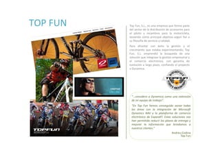 TOP FUN   Top Fun, S.L., es una empresa que forma parte
          del sector de la distribución de accesorios para
          el piloto y recambios para la motocicleta,
          teniendo como principal objetivo seguir fiel a
          su filosofía de servicio y calidad.
          Para afrontar con éxito la gestión y el
          crecimiento que estaba experimentando, Top
          Fun, S.L. emprendió la búsqueda de una
          solución que integrase la gestión empresarial y
          el comercio electrónico, con garantía de
          evolución a largo plazo, confiando el proyecto
          a Dynamica.




           “…considero a Dynamica como una extensión
           de mi equipo de trabajo”.
           “En Top Fun hemos conseguido aunar todas
           las áreas con la integración de Microsoft
           Dynamics NAV y la plataforma de comercio
           electrónico de ExpandIT. Estas soluciones nos
           han permitido reducir los plazos de entrega y
           mejorar la información que brindamos a
           nuestros clientes.”
                                          Andreu Codina
                                                 Top Fun
 
