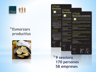 *
*low cost productivity
teletreball noves
interfícies d’usuari prendre
notes productives productivitat
amb el mòbil les tic i la
productivitat microsoft
office 2011 sharepoint
canals 2.0
*9 sessions
170 persones
58 empreses
 